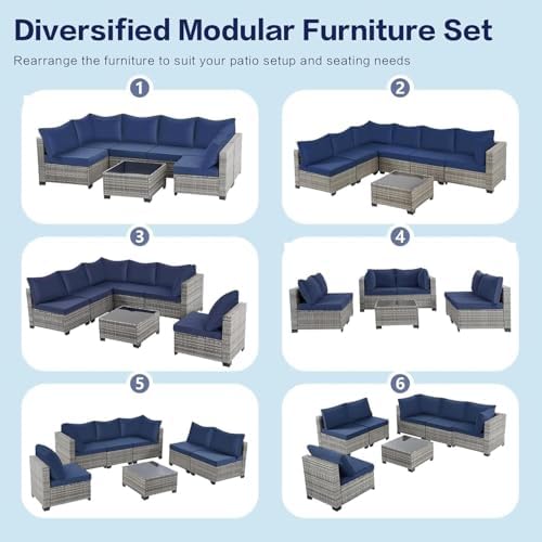 7-Piece PE Rattan Outdoor Patio Furniture Set - Dining | Grey with Thick Cushions for Backyard, Garden & Porch