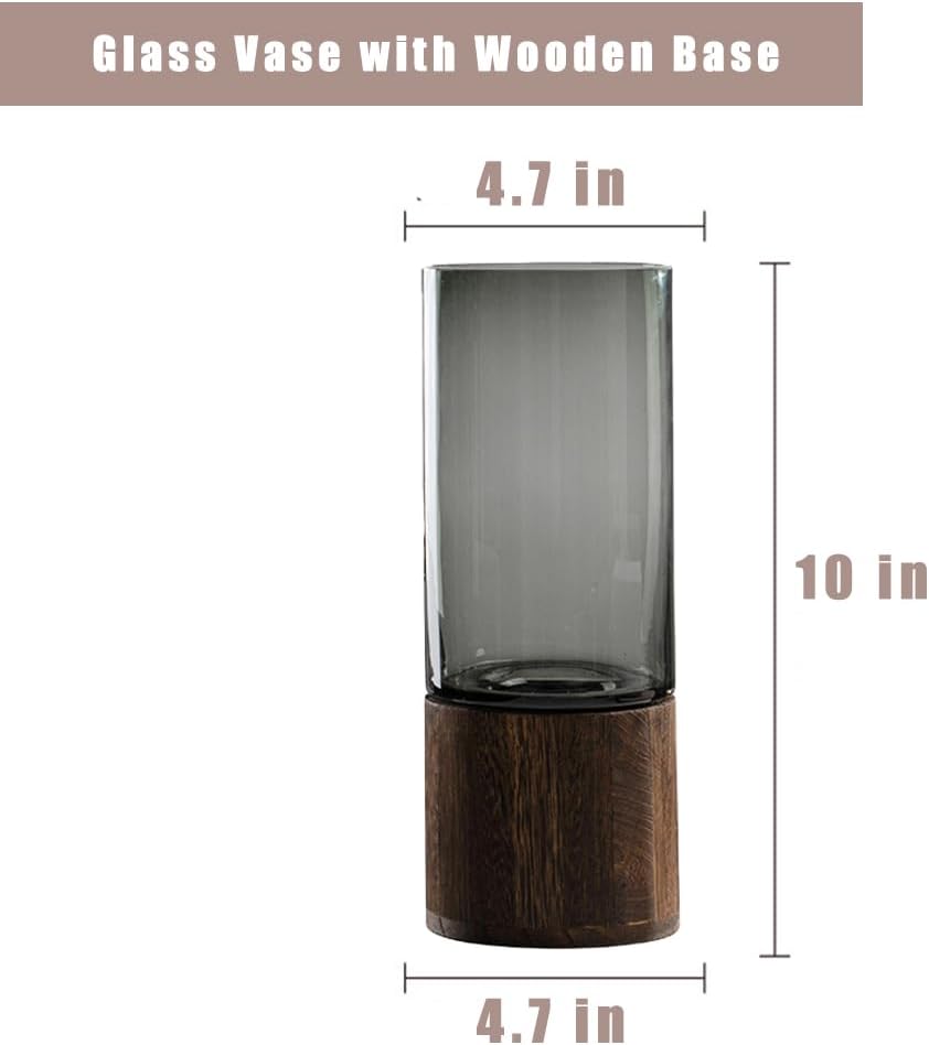 Artistic Wood Glass Vase, 10" H, Wooden Base Cylindrical Flower Vase, Classic Boho Rustic Style for Fireplace