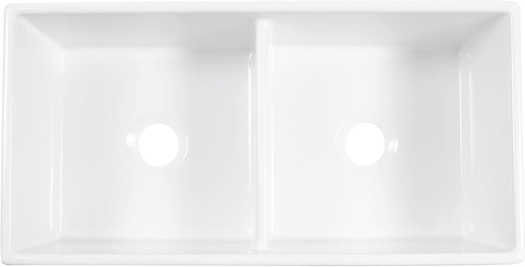 Austen 36 in White Fireclay Farmhouse Sink, Double Bowl