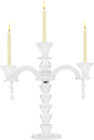 3 Arm Crystal Candelabra Centerpieces for Tables, Crystal Glass Taper Candle Holder Candelabra with Chandelier Chains