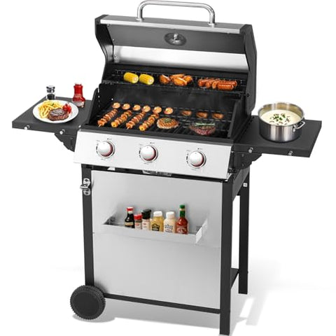 3-Burner Propane Gas Grill, 30,000 BTU BBQ Grill with Folding Side Tables, Cast Iron Grates and Double-Layer Stainless Steel Lid