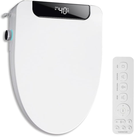 Heated Elongated Bidet Toilet Seat with LED Display, Remote Control, Soft-Close Lid, Warm Water, Air Dryer, Feminine Wash, Self-Cleaning Nozzle