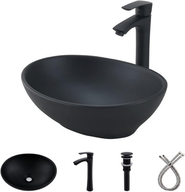 Oval Black Vessel Sink with Faucet and Drain Combo -Bokaiya 16x13 Ceramic Bathroom Sink Above Counter Vessel Oval