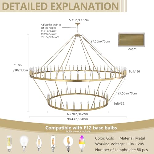 Inspired Camino Style Chandelier - 2-Tier Gold Wagon Wheel Chandelier 98 Inch 88-Lights - Farmhouse Rustic Round Extra Large Chandelier for High Ceilings