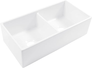 Austen 36 in White Fireclay Farmhouse Sink, Double Bowl