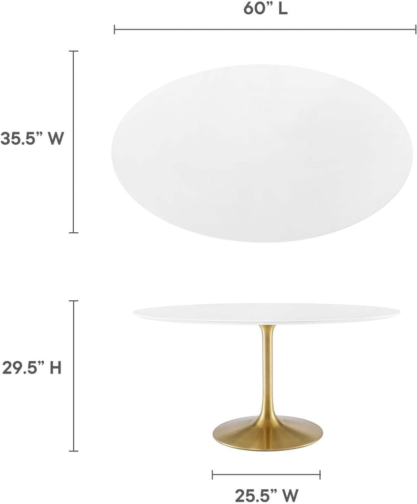 Inspired Saarinen Style Tulip Oval Pedestal Dining Table — Gold Base / White Top, 60″ Oval