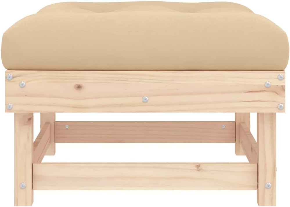 Outdoor Patio Footstool with Thick Beige Cushion, Solid Pine Wood Garden Ottoman, Modular Deck Foot Rest for