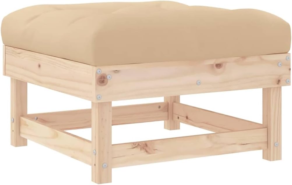 Outdoor Patio Footstool with Thick Beige Cushion, Solid Pine Wood Garden Ottoman, Modular Deck Foot Rest for