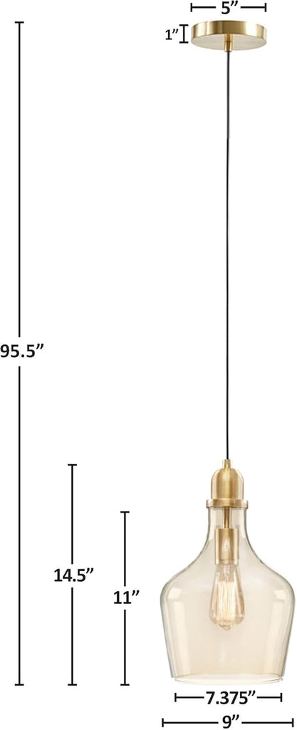 Auburn Pendant Lighting for Dining Room, Industrial Kitchen Lights, Hand-blown Glass Bell Shaped Pendant Light for Kitchen Island, Foyer, Bedroom, 9" Dia x 95.5" H, Gold/Clear