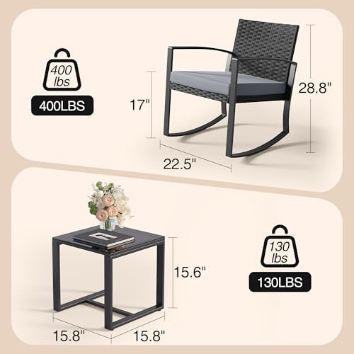 3-Piece Rattan Outdoor Patio Furniture Set - Rocking | Grey for Backyard, Garden & Porch