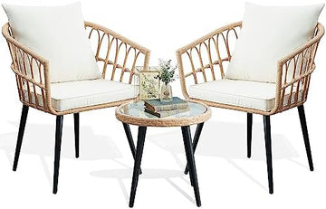 3-Piece Wicker Outdoor Patio Furniture Set - Bistro | Beige for Backyard, Garden & Porch