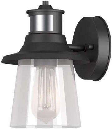 Electric 32982 1-Light Motion Sensor Wall Sconce, Outdoor, Matte Black, Clear Seeded Glass Shade, 150 Degrees, 30ft. Range, Farmhouse, E26 Bulb, Porch Light, Weather Resistant