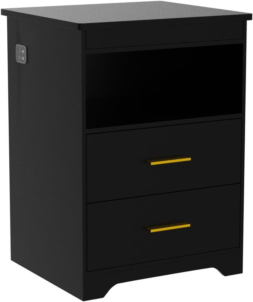 LED Night Stand with Gun Drawer , Charging Bedside Table with USB & Type-C Port, Modern End Table with Human Sensor