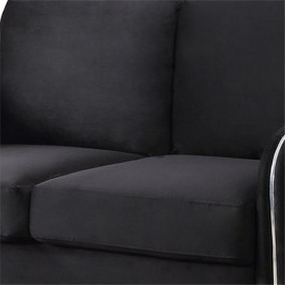 54" Loveseat, Jet Black Velvet Upholstery, Vertical Quilted Back, Angled Metal Legs, Sloped Armrests with Chrome