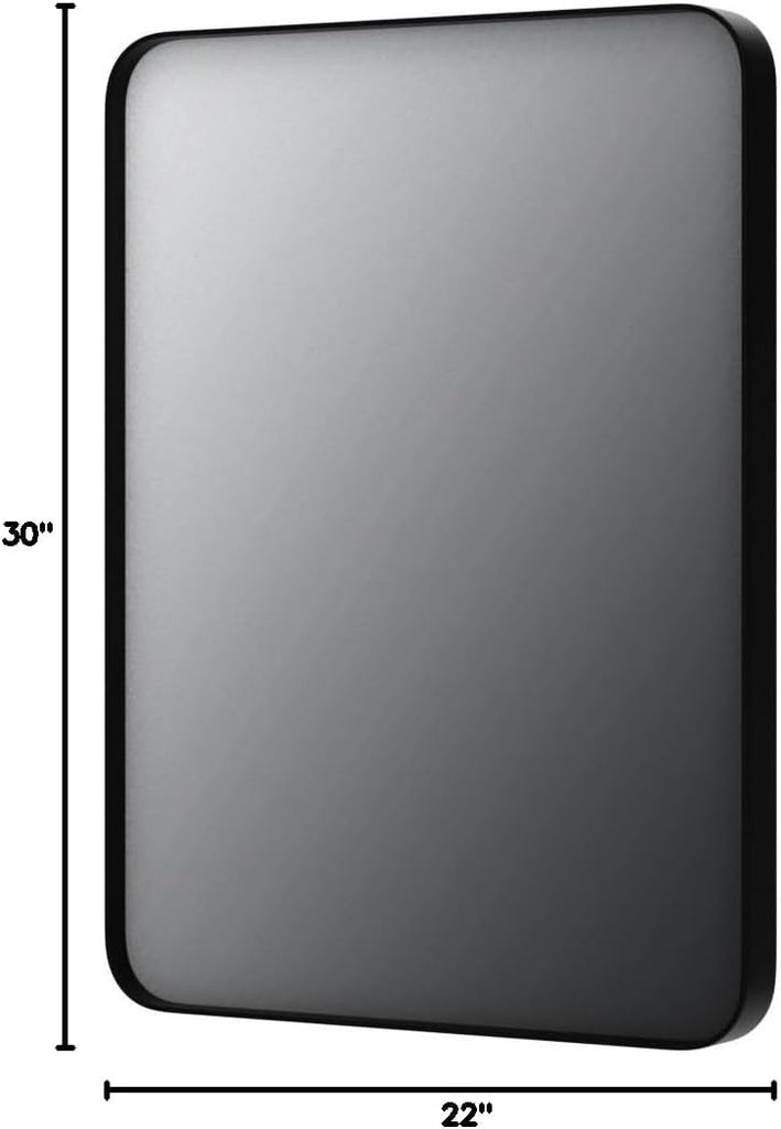 Black Metal Framed Bathroom Mirror for Wall, 22X30 Inch Rounded Rectangle Mirror, Matte Black Bathroom Vanity Mirror