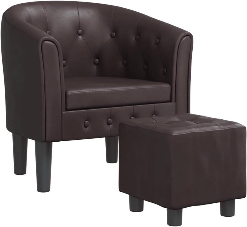 Modern Lounge Chair and Ottoman — Brown Faux Leather
