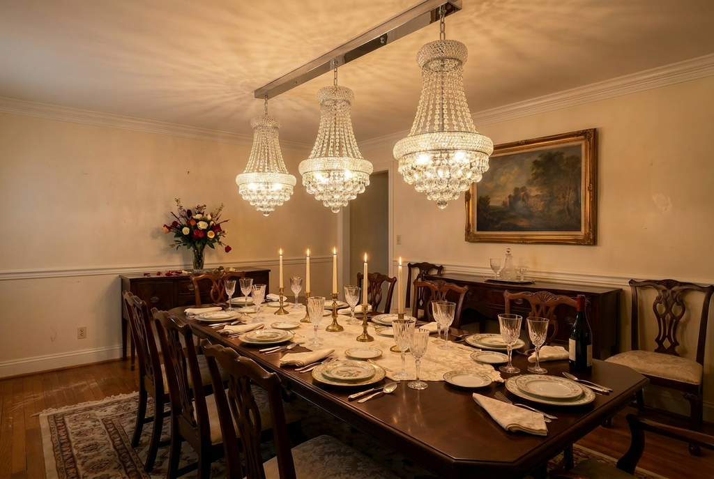 Set of 3 French Empire Crystal Chandeliers - Silver Finish - H22" X W15" 3 Lights Each - Dining Room, Foyer, Entry Way, Living Room