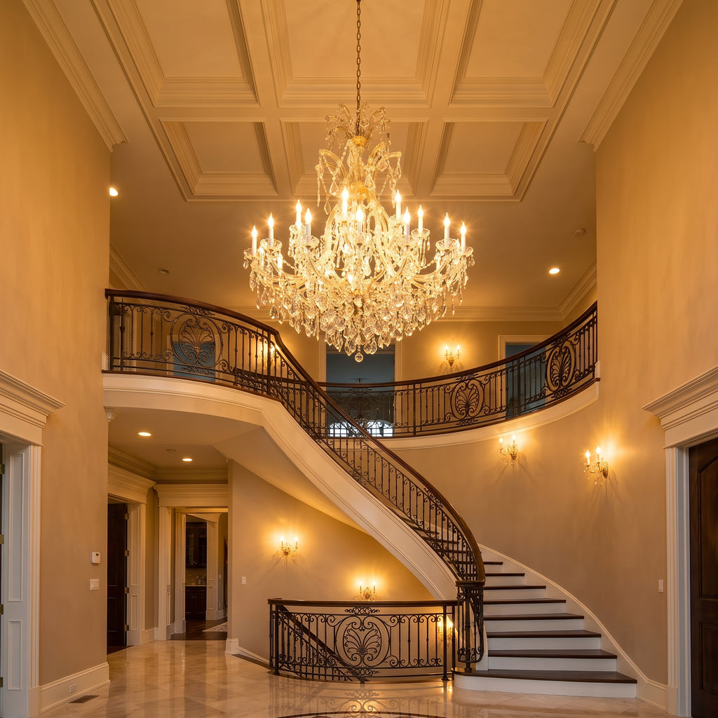 Maria Theresa gold crystal chandelier in a warm two-story foyer with curved staircase