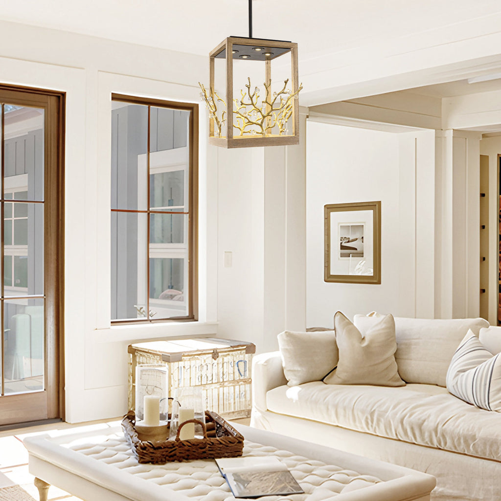 4-Light Wood Dimmable Square / Rectangle Chandelier