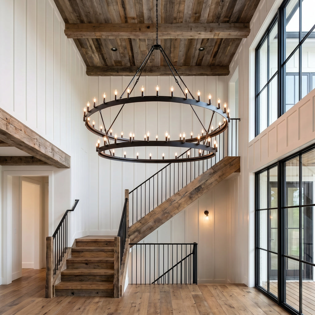 Camino two-tier wagon wheel black chandelier in a two-story modern farmhouse foyer