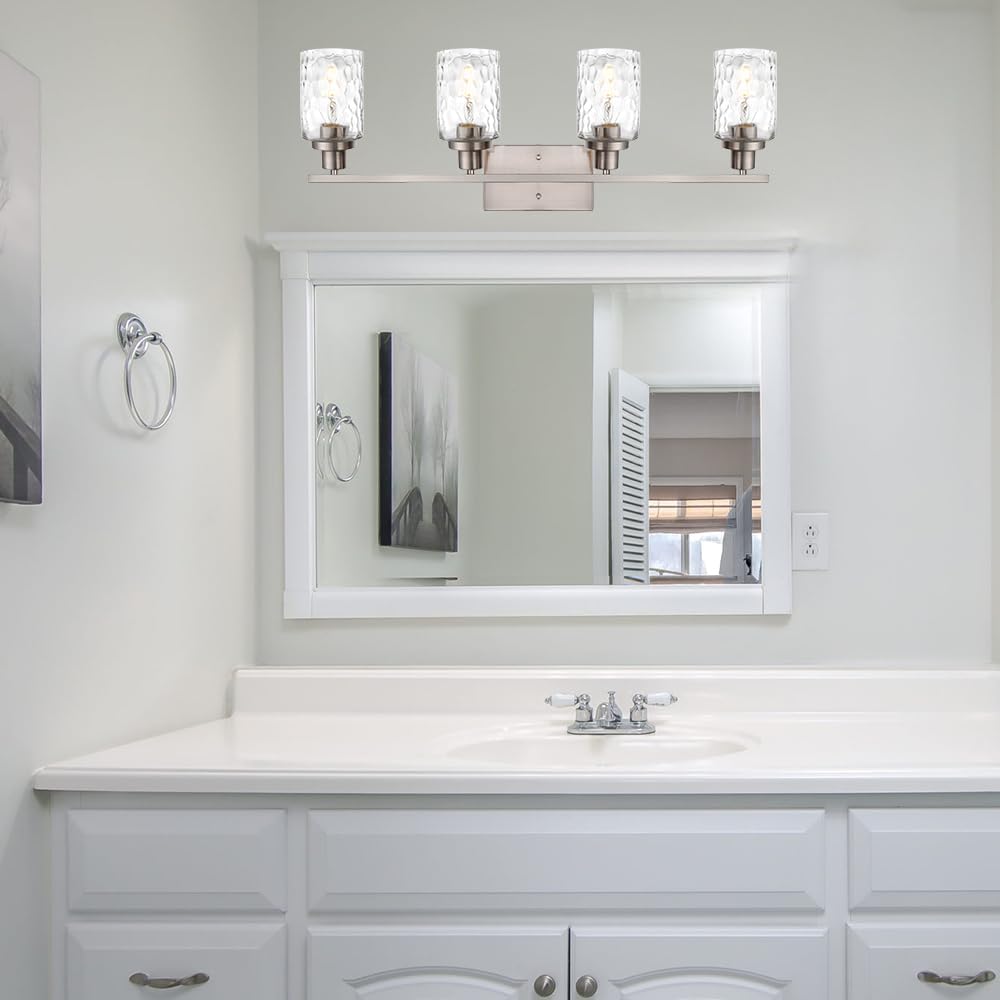 Brushed Nickel Bathroom Vanity Light with Clear Hammered Glass | 4-Light Wall Light Fixtures Modern Wall Lamp for