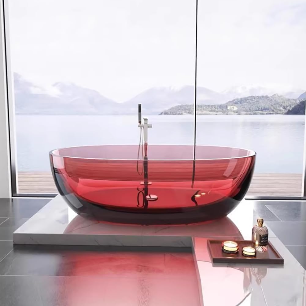 Luxury Transparent Resin Adult Bathtub, Modern Deep Soaking Spa Bathtub with Spring-Loaded Drain, Flat Bottom Design