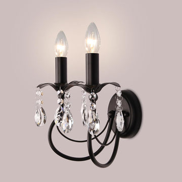 2-Light Vintage Crystal Wall Sconce, Antique Wall Lights with Black Finish for Bedroom Bedside Living Room, Victorian