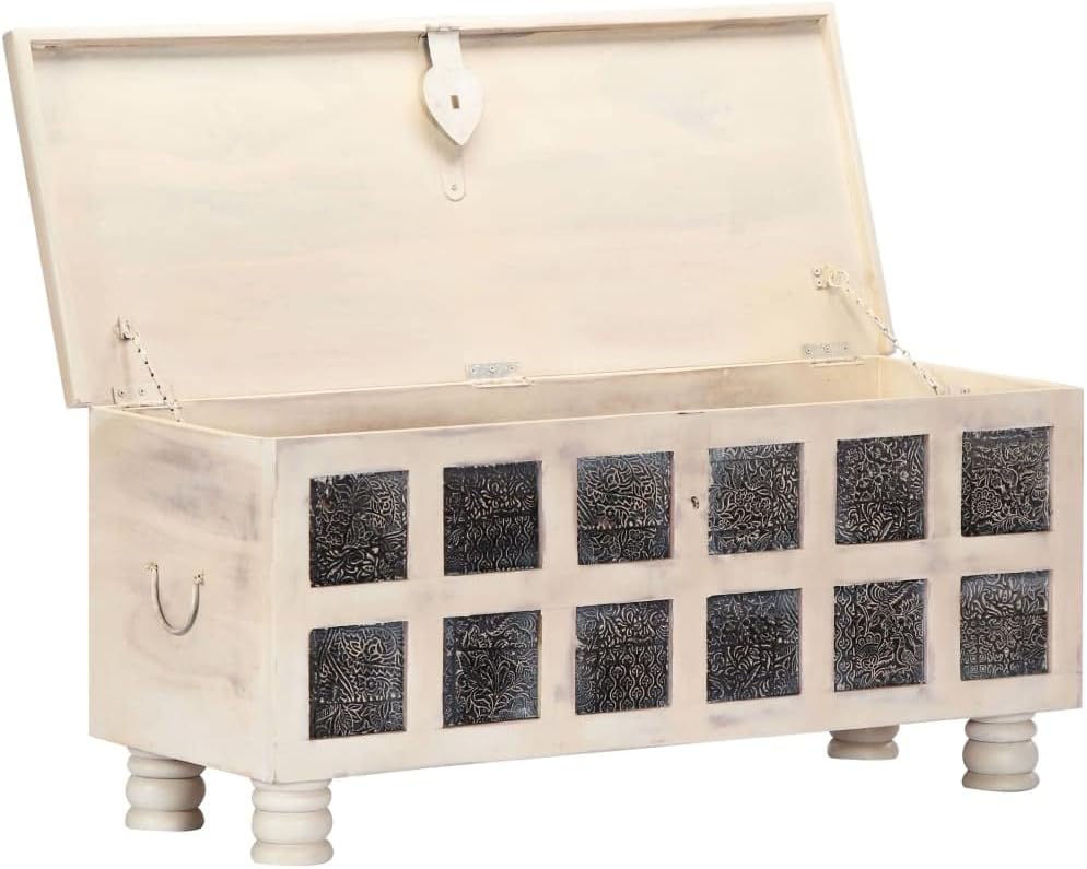Solid Acacia Wood Storage Chest, 43.3 Inch Rustic White Trunk with Distressed Finish, Large Decorative Box and Wooden