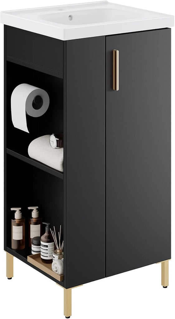 16-Inch Freestanding Bathroom Vanity with Sink – Black Cabinet with Ceramic Sink, Soft-Close Door and Side Storage