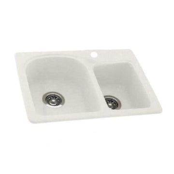 .011 Solid Surface 1-Hole Dual Mount Double-Bowl Kitchen Sink, 25-in L X 18-in H X 7.5-in H, Tahiti White