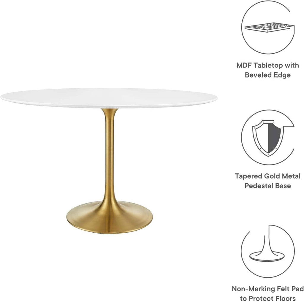 Inspired Saarinen Style Tulip Oval Pedestal Dining Table — Gold Base / White Top, 48″ Oval
