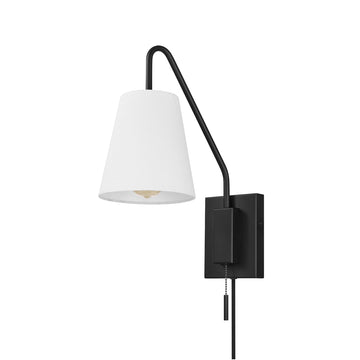 Matte Black Swing Arm Plug-in or Hardwire Wall Sconce with White Fabric Shade