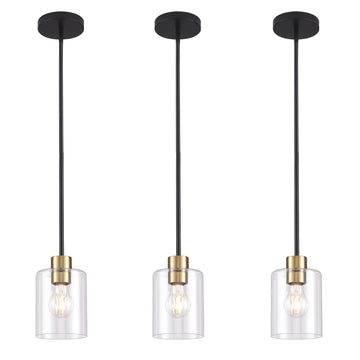 3 Pack Black Gold Pendant Lights Island, Brushed Brass Modern Hanging Light with Clear Glass Shade, Adjustable Metal