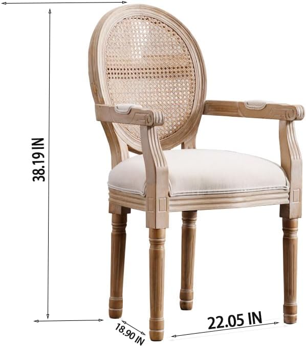 French Vintage Dining Armchairs Set of 2, Upholstered Fabric Chairs with Rattan Cane Back and Solid Wood Frame, French Country Style for Dining Room or Kitchen, Beige