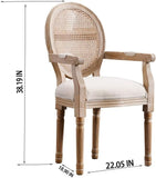 French Vintage Dining Armchairs Set of 2, Upholstered Fabric Chairs with Rattan Cane Back and Solid Wood Frame, French Country Style for Dining Room or Kitchen, Beige