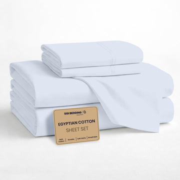 100% Egyptian Cotton Sheets Queen Size - Cooling Sheets, Soft Breathable Light Blue Bedding, Luxury Bedding, Luxury