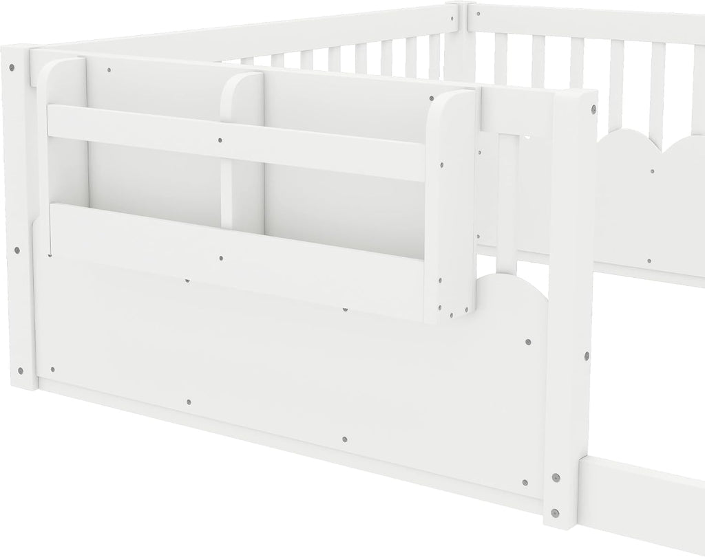 Full Floor Bed with Bookshelf and Safety Guardrail, Full Size Montessori Floor Bed with Fence, Easy Assemble