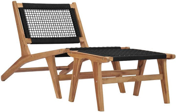 Sun Lounger with Footrest, Outdoor Lounge Chair, Solid Teak Wood and Polyester Rope, Brown, 35.2" x 22.4" x 25.6"