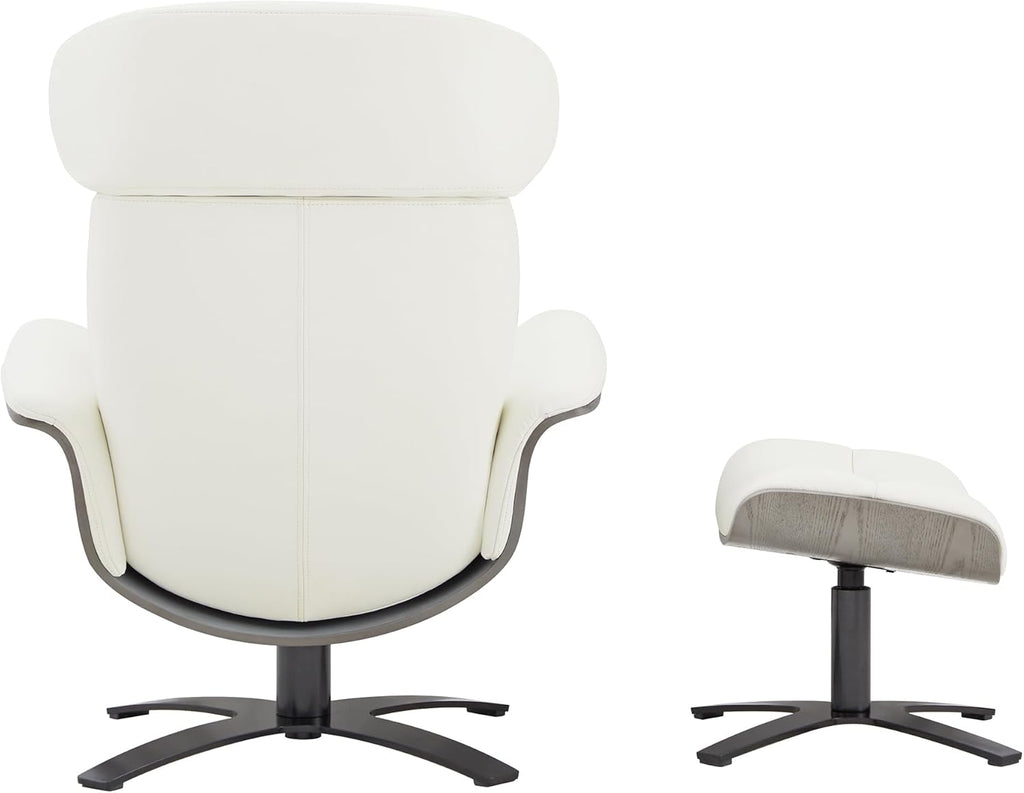 Modern Reclining Swivel Lounge Chair and Ottoman — White Genuine Leather