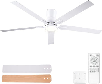 60 Inch White Flush Mount Ceiling Fans with Lights and Remote, White Low Profile Ceiling Fan