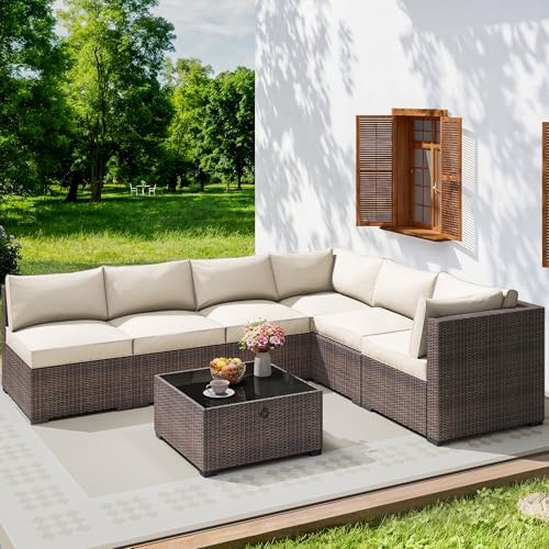 7-Piece Rattan Outdoor Patio Furniture Set | Brown with Thick Cushions for Patio, Garden & Porch