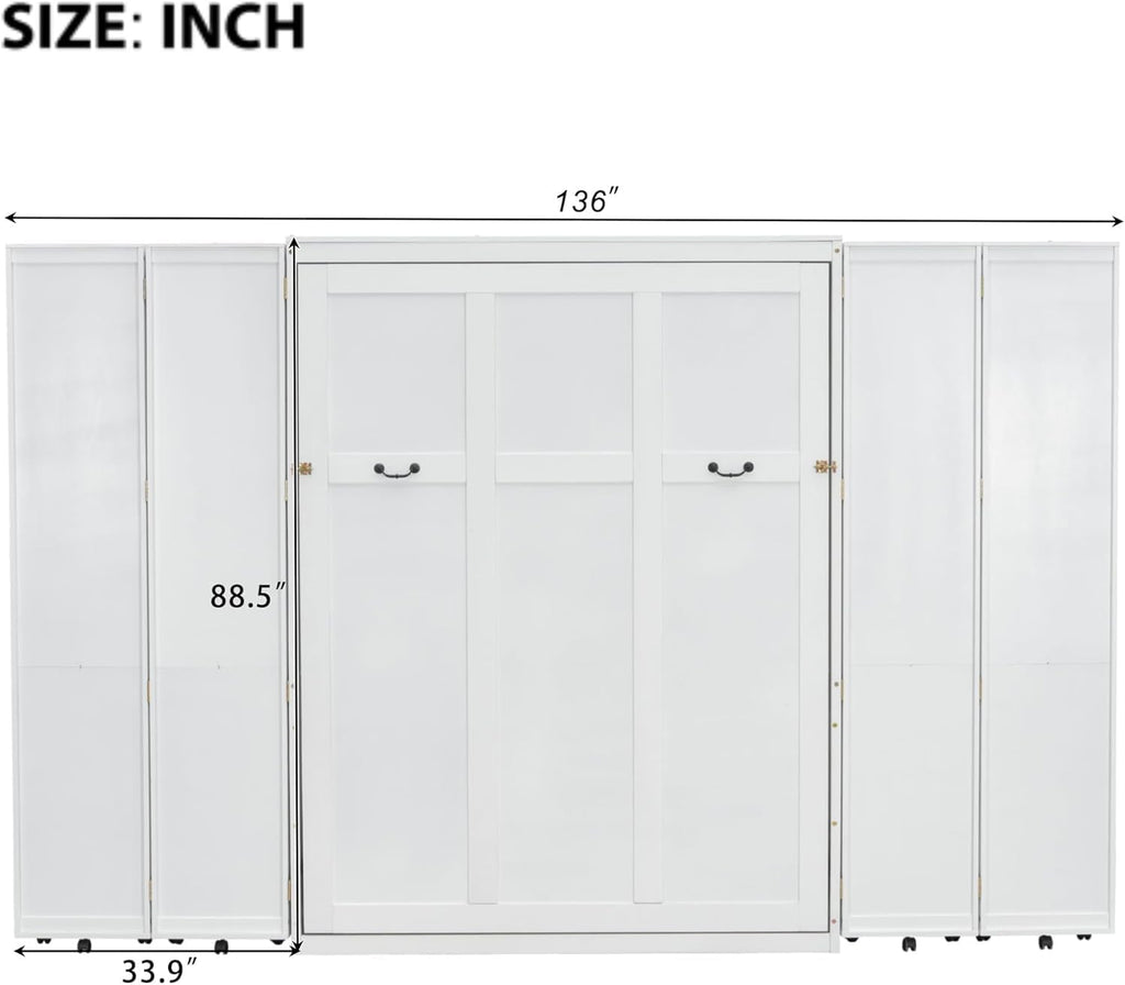 Queen Murphy Bed Cabinet with Storage Bookshelf Bookcase, Wood Hidden Foldable White Murphy Wall Bed with Storage