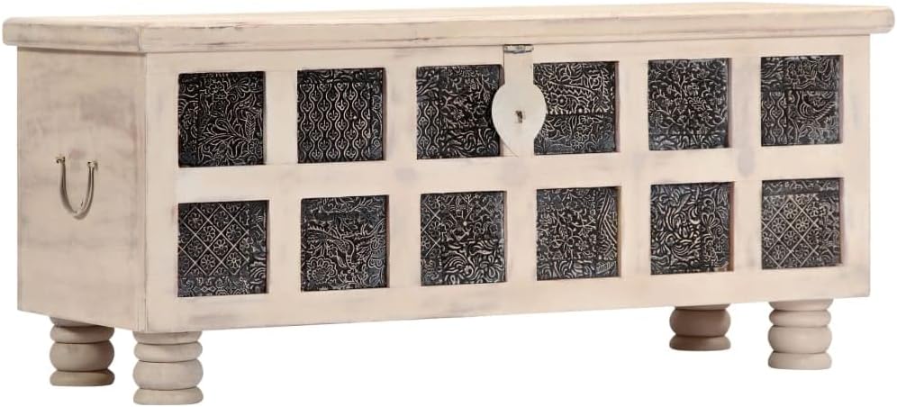 Solid Acacia Wood Storage Chest, 43.3 Inch Rustic White Trunk with Distressed Finish, Large Decorative Box and Wooden