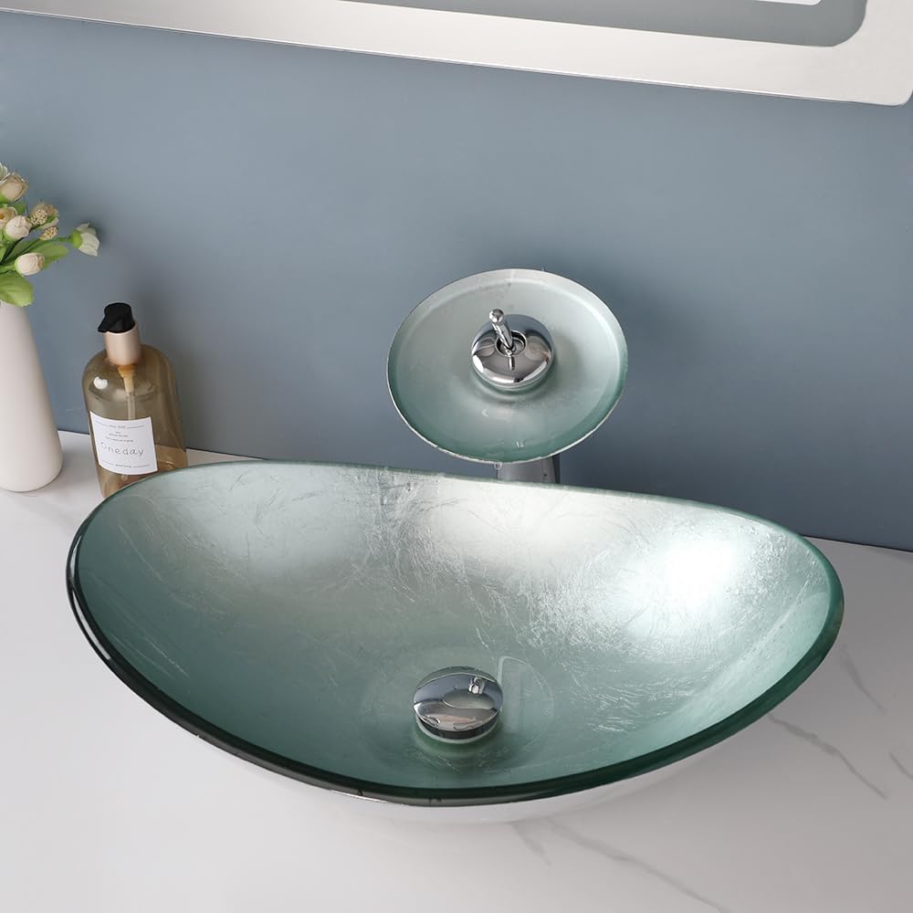 Oval Bathroom Vessel Sink Tempered Glass With Faucet Pop Up Drain Washing Bowl Waterfall Above Counter Set