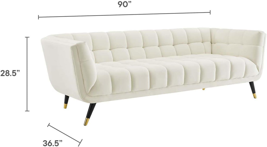 Adept Contemporary Mid-Century Modern Performance Velvet Upholstered Tufted Sofa in Ivory