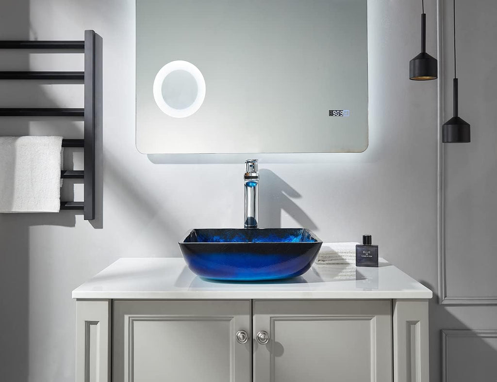 Blue Lotous Square Tempered Deco Glass Vessel Bathroom Sink in Lustrous Blue | Top Mount Sinks Above Countertop |