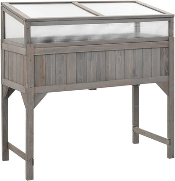Solid Wood Raised Garden Bed with Greenhouse Gray 43.3in | Elevated wooden planter box with clear cold frame top