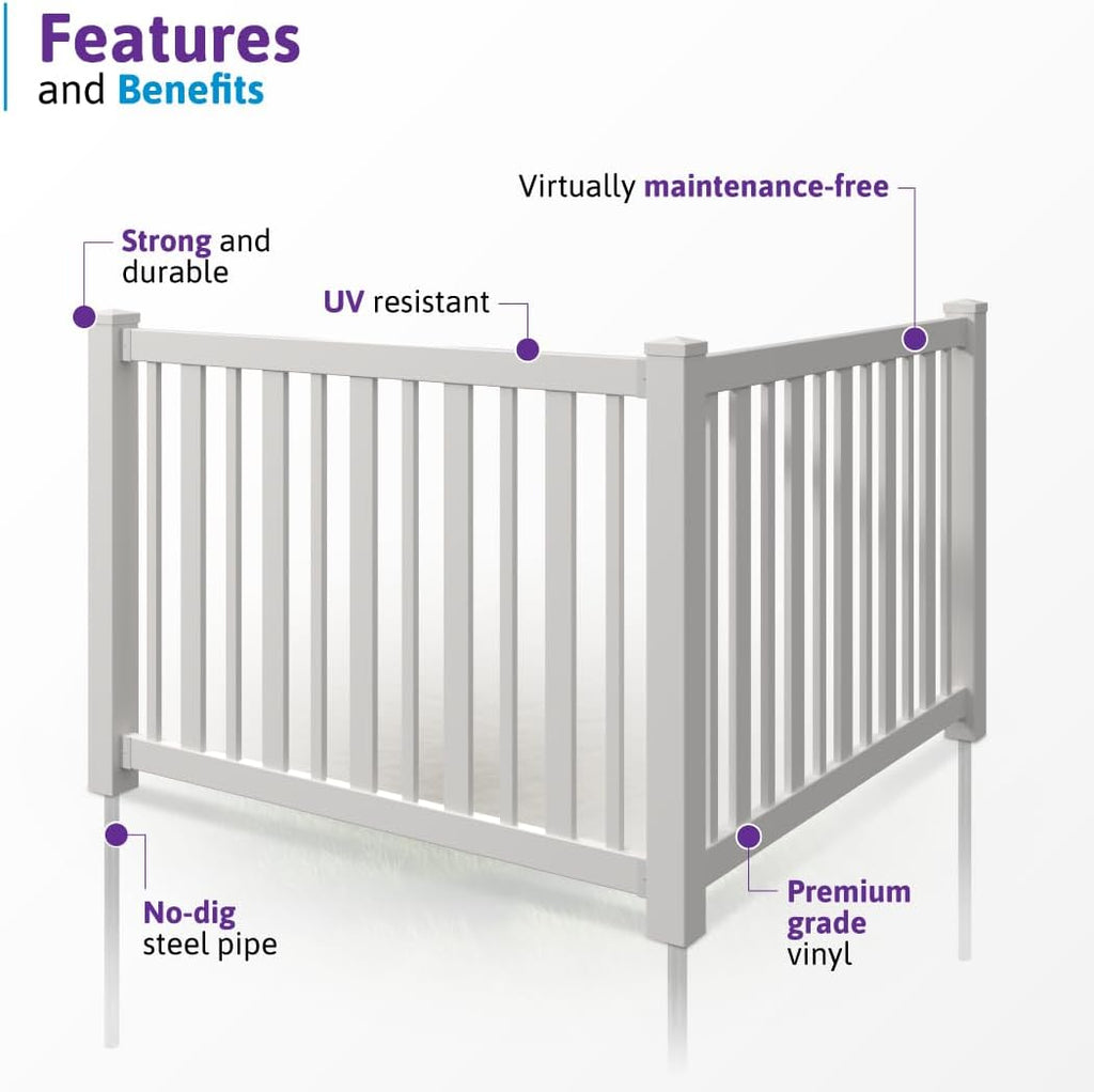4ft H x 6ft W (1 Panel + 1 Post) No Dig Sturbridge Fence Kit, White Vinyl Picket Fence Panel, Easy DIY Installation Panel Kit