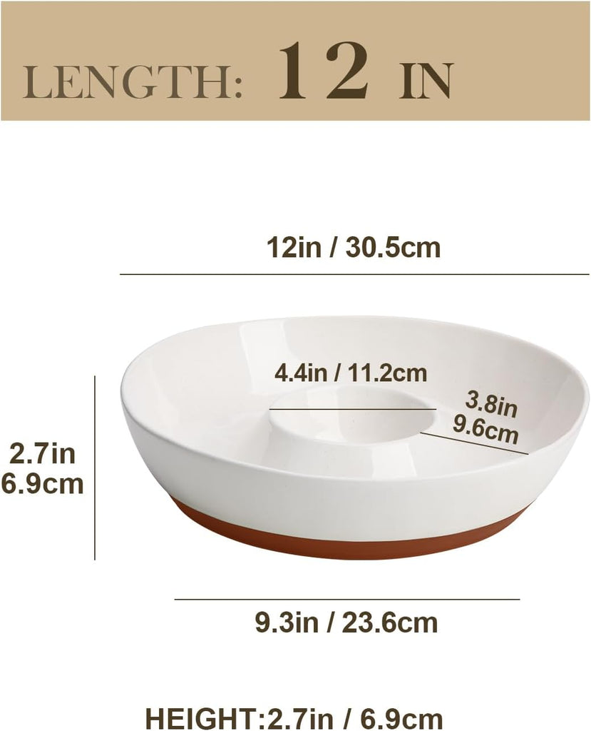 Ceramic Chips and Dip Serving Tray, 12 Inch Dip Serving Tray | Free-Form Divided Ceramic Chips and Dip Bowls for