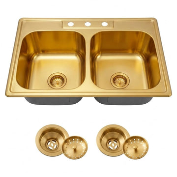 33x22 Gold Drop Sink, T304 Stainless Steel Double Sink